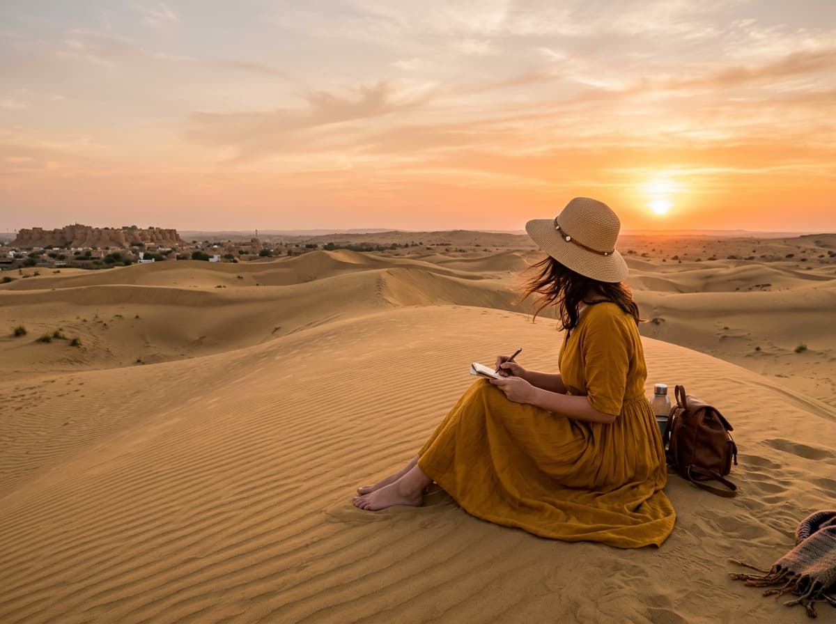 Woman traveler enjoying sunrise over Thar desert sand dunes in Jaisalmer