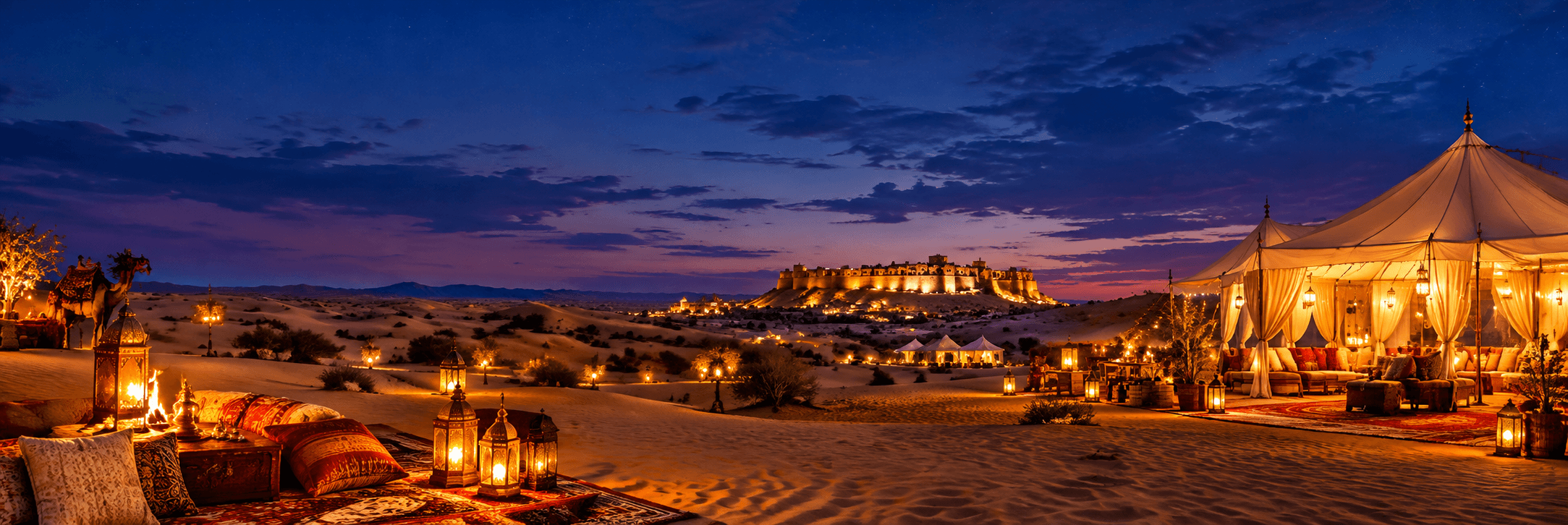 Plan Your Jaisalmer Getaway with glowing lanterns and luxury desert camp